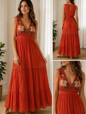 Cleobella Orange Tiered Maxi Dress V-Neck Sleeveless